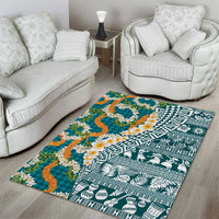 Hawaiian Plumeria Lei Area Rug Kakau Motifs and Palaka Half Style Turquoise Color - Polynesian Pride