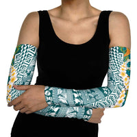 Hawaiian Plumeria Lei Arm Sleeves Kakau Motifs and Palaka Half Style Turquoise Color - Polynesian Pride