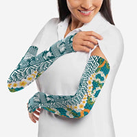 Hawaiian Plumeria Lei Arm Sleeves Kakau Motifs and Palaka Half Style Turquoise Color - Polynesian Pride