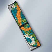 Hawaiian Plumeria Lei Auto Sun Shade Kakau Motifs and Palaka Half Style Turquoise Color - Polynesian Pride