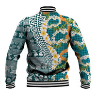 Hawaiian Plumeria Lei Baseball Jacket Kakau Motifs and Palaka Half Style Turquoise Color - Polynesian Pride