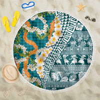 Hawaiian Plumeria Lei Beach Blanket Kakau Motifs and Palaka Half Style Turquoise Color - Polynesian Pride