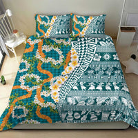 Hawaiian Plumeria Lei Bedding Set Kakau Motifs and Palaka Half Style Turquoise Color - Polynesian Pride