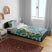 Hawaiian Plumeria Lei Bedding Set Kakau Motifs and Palaka Half Style Turquoise Color - Polynesian Pride