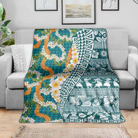 Hawaiian Plumeria Lei Blanket Kakau Motifs and Palaka Half Style Turquoise Color - Polynesian Pride