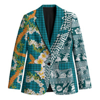 Hawaiian Plumeria Lei Blazer Kakau Motifs and Palaka Half Style Turquoise Color - Polynesian Pride