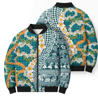 Hawaiian Plumeria Lei Bomber Puffer Jacket Kakau Motifs and Palaka Half Style Turquoise Color - Polynesian Pride
