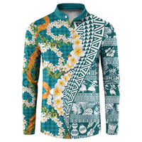 Hawaiian Plumeria Lei Button Sweatshirt Kakau Motifs and Palaka Half Style Turquoise Color - Polynesian Pride