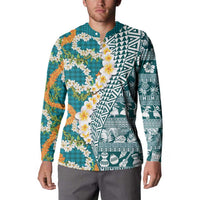Hawaiian Plumeria Lei Button Sweatshirt Kakau Motifs and Palaka Half Style Turquoise Color - Polynesian Pride