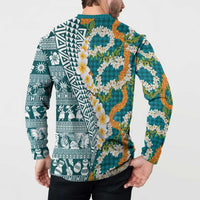 Hawaiian Plumeria Lei Button Sweatshirt Kakau Motifs and Palaka Half Style Turquoise Color - Polynesian Pride