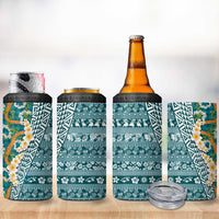 Hawaiian Plumeria Lei 4 in 1 Can Cooler Tumbler Kakau Motifs and Palaka Half Style Turquoise Color - Polynesian Pride