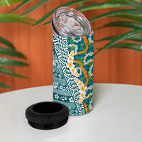 Hawaiian Plumeria Lei 4 in 1 Can Cooler Tumbler Kakau Motifs and Palaka Half Style Turquoise Color - Polynesian Pride