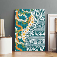 Hawaiian Plumeria Lei Canvas Wall Art Kakau Motifs and Palaka Half Style Turquoise Color - Polynesian Pride