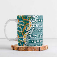 Hawaiian Plumeria Lei Ceramic Mug Kakau Motifs and Palaka Half Style Turquoise Color - Polynesian Pride