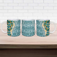 Hawaiian Plumeria Lei Ceramic Mug Kakau Motifs and Palaka Half Style Turquoise Color - Polynesian Pride