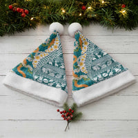 Hawaiian Plumeria Lei Christmas Santa Hat Kakau Motifs and Palaka Half Style Turquoise Color - Polynesian Pride