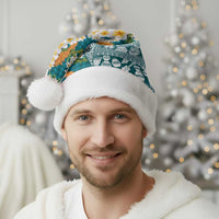 Hawaiian Plumeria Lei Christmas Santa Hat Kakau Motifs and Palaka Half Style Turquoise Color - Polynesian Pride