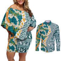 Hawaiian Plumeria Lei Couples Matching Off Shoulder Short Dress and Long Sleeve Button Shirt Kakau Motifs and Palaka Half Style Turquoise Color - Polynesian Pride
