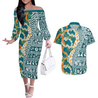 Hawaiian Plumeria Lei Couples Matching Off The Shoulder Long Sleeve Dress and Hawaiian Shirt Kakau Motifs and Palaka Half Style Turquoise Color - Polynesian Pride