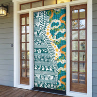 Hawaiian Plumeria Lei Door Cover Kakau Motifs and Palaka Half Style Turquoise Color - Polynesian Pride