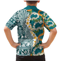 Hawaiian Plumeria Lei Family Matching Mermaid Dress and Hawaiian Shirt Kakau Motifs and Palaka Half Style Turquoise Color - Polynesian Pride