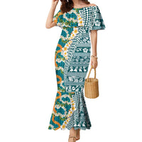 Hawaiian Plumeria Lei Family Matching Mermaid Dress and Hawaiian Shirt Kakau Motifs and Palaka Half Style Turquoise Color - Polynesian Pride