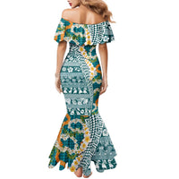 Hawaiian Plumeria Lei Family Matching Mermaid Dress and Hawaiian Shirt Kakau Motifs and Palaka Half Style Turquoise Color LT03 - Polynesian Pride