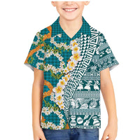 Hawaiian Plumeria Lei Family Matching Mermaid Dress and Hawaiian Shirt Kakau Motifs and Palaka Half Style Turquoise Color - Polynesian Pride