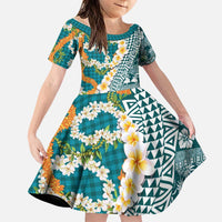 Hawaiian Plumeria Lei Family Matching Off The Shoulder Long Sleeve Dress and Hawaiian Shirt Kakau Motifs and Palaka Half Style Turquoise Color LT03 Daughter's Dress Turquoise - Polynesian Pride