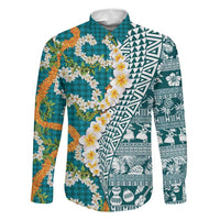 Hawaiian Plumeria Lei Family Matching Off The Shoulder Long Sleeve Dress and Hawaiian Shirt Kakau Motifs and Palaka Half Style Turquoise Color LT03 Dad's Shirt - Long Sleeve Turquoise - Polynesian Pride
