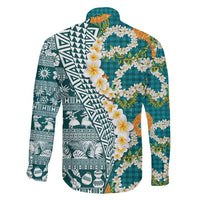Hawaiian Plumeria Lei Family Matching Off Shoulder Maxi Dress and Hawaiian Shirt Kakau Motifs and Palaka Half Style Turquoise Color LT03 - Polynesian Pride