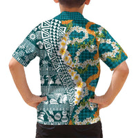 Hawaiian Plumeria Lei Family Matching Short Sleeve Bodycon Dress and Hawaiian Shirt Kakau Motifs and Palaka Half Style Turquoise Color - Polynesian Pride