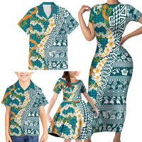 Hawaiian Plumeria Lei Family Matching Short Sleeve Bodycon Dress and Hawaiian Shirt Kakau Motifs and Palaka Half Style Turquoise Color - Polynesian Pride
