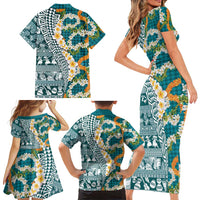 Hawaiian Plumeria Lei Family Matching Short Sleeve Bodycon Dress and Hawaiian Shirt Kakau Motifs and Palaka Half Style Turquoise Color - Polynesian Pride