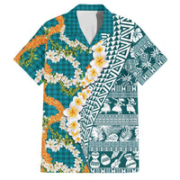 Hawaiian Plumeria Lei Family Matching Short Sleeve Bodycon Dress and Hawaiian Shirt Kakau Motifs and Palaka Half Style Turquoise Color - Polynesian Pride