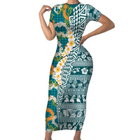 Hawaiian Plumeria Lei Family Matching Short Sleeve Bodycon Dress and Hawaiian Shirt Kakau Motifs and Palaka Half Style Turquoise Color - Polynesian Pride