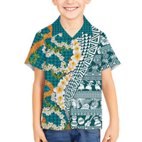 Hawaiian Plumeria Lei Family Matching Tank Maxi Dress and Hawaiian Shirt Kakau Motifs and Palaka Half Style Turquoise Color LT03 Son's Shirt Turquoise - Polynesian Pride