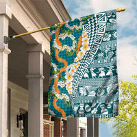 Hawaiian Plumeria Lei Garden Flag Kakau Motifs and Palaka Half Style Turquoise Color - Polynesian Pride