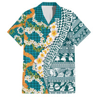 Hawaiian Plumeria Lei Hawaiian Shirt Kakau Motifs and Palaka Half Style Turquoise Color - Polynesian Pride