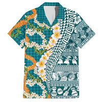 Hawaiian Plumeria Lei Hawaiian Shirt Kakau Motifs and Palaka Half Style Turquoise Color - Polynesian Pride