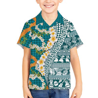 Hawaiian Plumeria Lei Hawaiian Shirt Kakau Motifs and Palaka Half Style Turquoise Color - Polynesian Pride