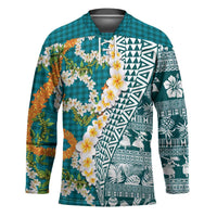 Hawaiian Plumeria Lei Hockey Jersey Kakau Motifs and Palaka Half Style Turquoise Color - Polynesian Pride