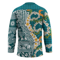 Hawaiian Plumeria Lei Hockey Jersey Kakau Motifs and Palaka Half Style Turquoise Color - Polynesian Pride