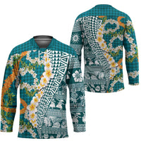 Hawaiian Plumeria Lei Hockey Jersey Kakau Motifs and Palaka Half Style Turquoise Color - Polynesian Pride