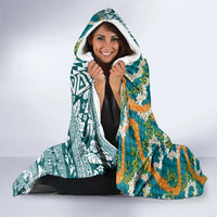 Hawaiian Plumeria Lei Hooded Blanket Kakau Motifs and Palaka Half Style Turquoise Color - Polynesian Pride