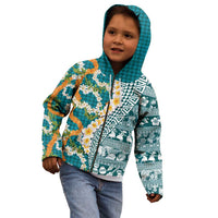 Hawaiian Plumeria Lei Kid Hoodie Kakau Motifs and Palaka Half Style Turquoise Color - Polynesian Pride