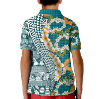 Hawaiian Plumeria Lei Kid Polo Shirt Kakau Motifs and Palaka Half Style Turquoise Color - Polynesian Pride