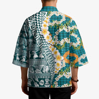 Hawaiian Plumeria Lei Kimono Kakau Motifs and Palaka Half Style Turquoise Color - Polynesian Pride