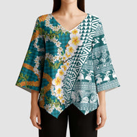 Hawaiian Plumeria Lei Kimono Sleeve Blouse Kakau Motifs and Palaka Half Style Turquoise Color - Polynesian Pride