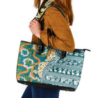 Hawaiian Plumeria Lei Leather Tote Bag Kakau Motifs and Palaka Half Style Turquoise Color - Polynesian Pride